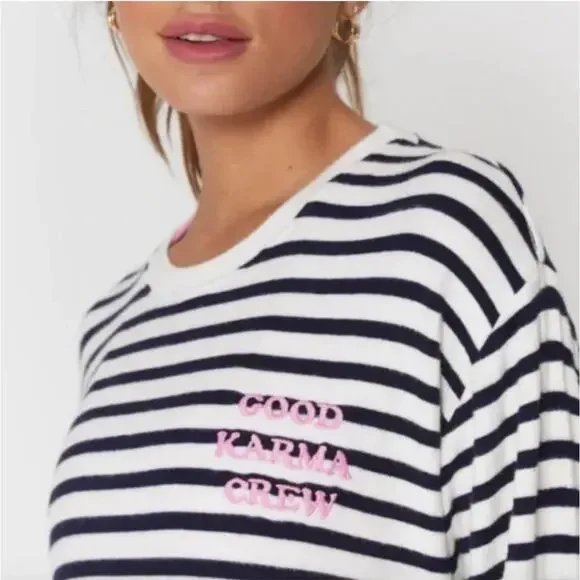 Spiritual Gangster Good Karma Crew Stripe Pullover Navy White Women’s Small - Picture 2 of 7